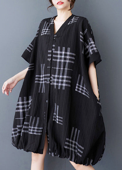 Loose Black V Neck Print Button Patchwork Cotton Dresses Summer