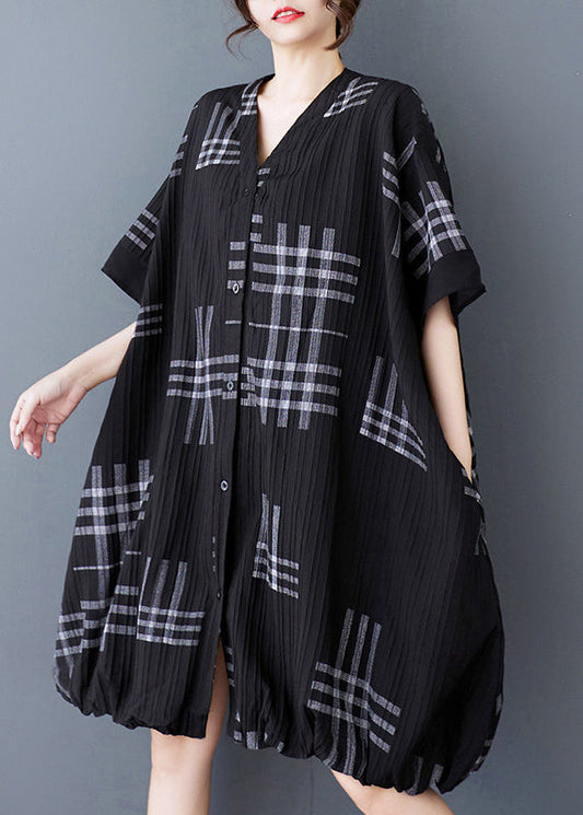 Loose Black V Neck Print Button Patchwork Cotton Dresses Summer