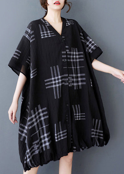 Loose Black V Neck Print Button Patchwork Cotton Dresses Summer