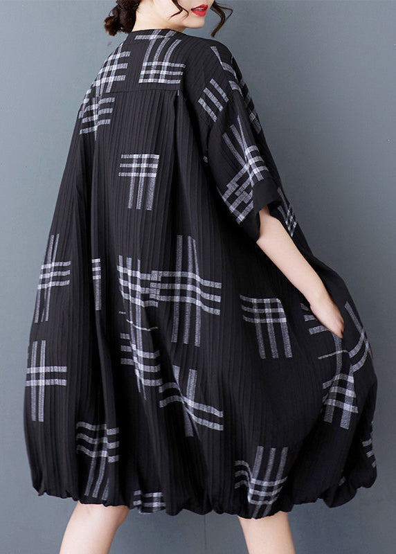 Loose Black V Neck Print Button Patchwork Cotton Dresses Summer