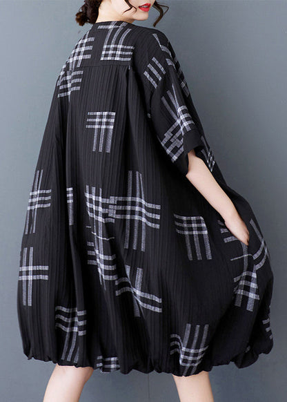 Loose Black V Neck Print Button Patchwork Cotton Dresses Summer