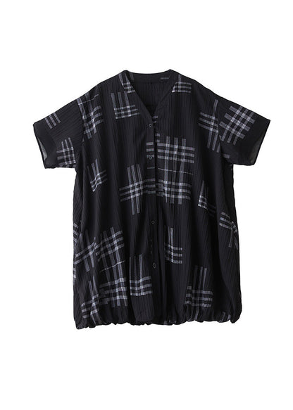 Loose Black V Neck Print Button Patchwork Cotton Dresses Summer