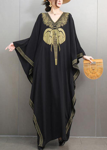 Loose Black V Neck Print Cotton Maxi Dresses Batwing Sleeve