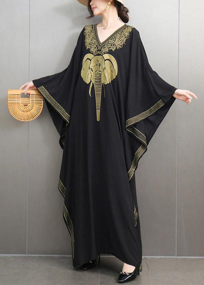 Loose Black V Neck Print Cotton Maxi Dresses Batwing Sleeve