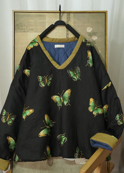 Loose Black V Neck Print Fine Cotton Filled Thick Warm Top Winter