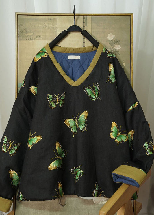 Loose Black V Neck Print Fine Cotton Filled Thick Warm Top Winter