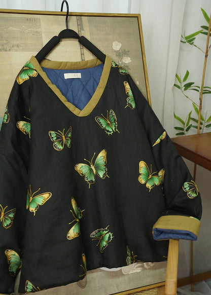 Loose Black V Neck Print Fine Cotton Filled Thick Warm Top Winter