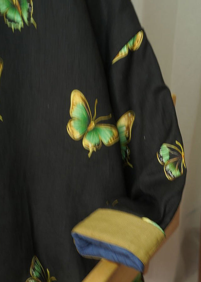 Loose Black V Neck Print Fine Cotton Filled Thick Warm Top Winter