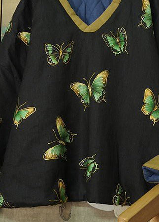 Loose Black V Neck Print Fine Cotton Filled Thick Warm Top Winter