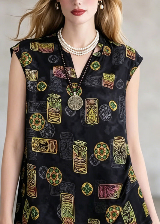Loose Black V Neck Print T Shirt Short Sleeve