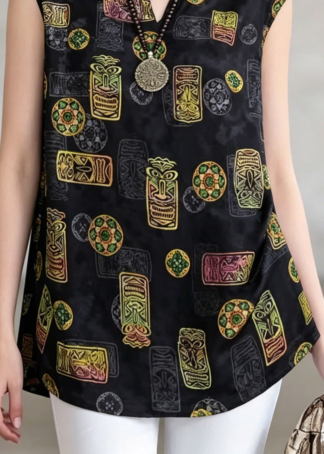 Loose Black V Neck Print T Shirt Short Sleeve