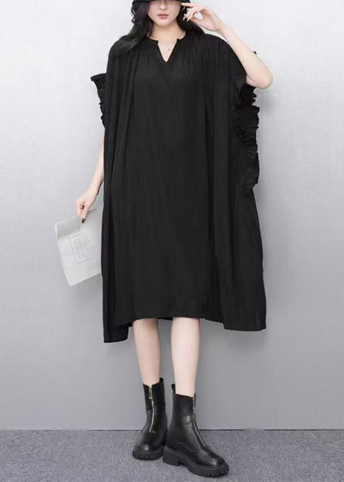 Loose Black V Neck Ruffled Cotton Dress Batwing Sleeve