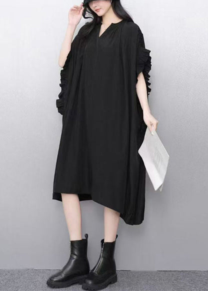 Loose Black V Neck Ruffled Cotton Dress Batwing Sleeve