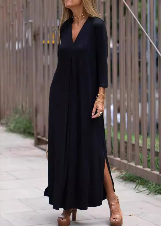 Loose Black V Neck Side Open Cotton Long Dress Bracelet Sleeve