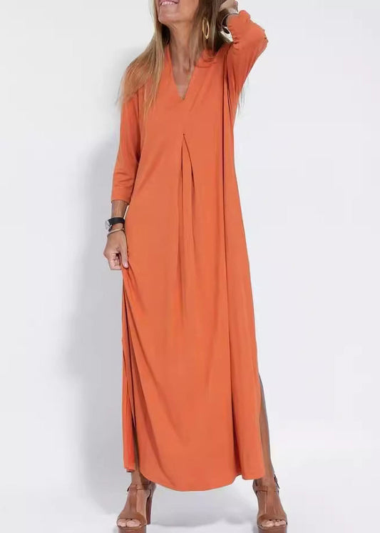 Loose Black V Neck Side Open Cotton Long Dress Bracelet Sleeve