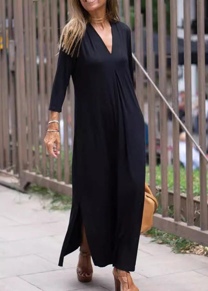 Loose Black V Neck Side Open Cotton Long Dress Bracelet Sleeve