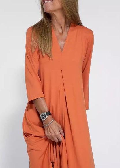 Loose Black V Neck Side Open Cotton Long Dress Bracelet Sleeve