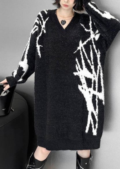 Loose Black V Neck Striped Cotton Knit Sweater Dress Fall