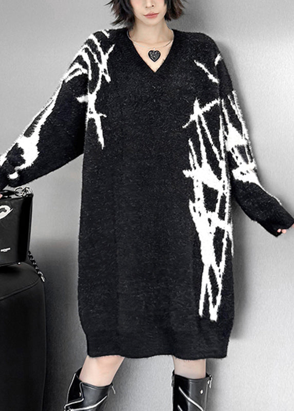 Loose Black V Neck Striped Cotton Knit Sweater Dress Fall