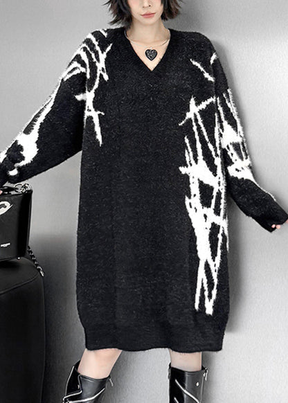 Loose Black V Neck Striped Cotton Knit Sweater Dress Fall