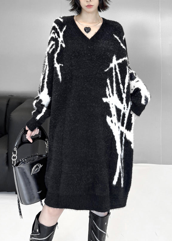 Loose Black V Neck Striped Cotton Knit Sweater Dress Fall