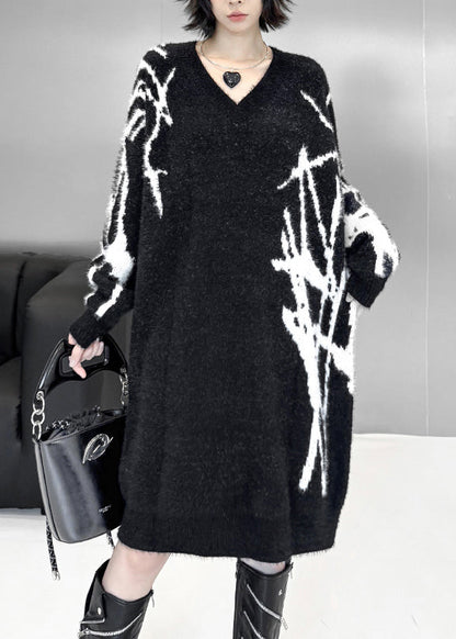 Loose Black V Neck Striped Cotton Knit Sweater Dress Fall