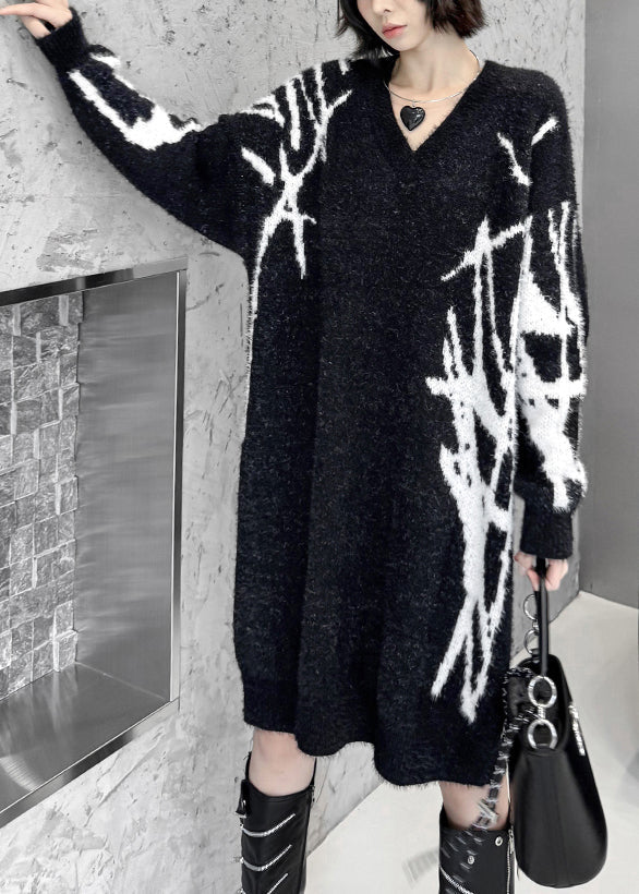Loose Black V Neck Striped Cotton Knit Sweater Dress Fall