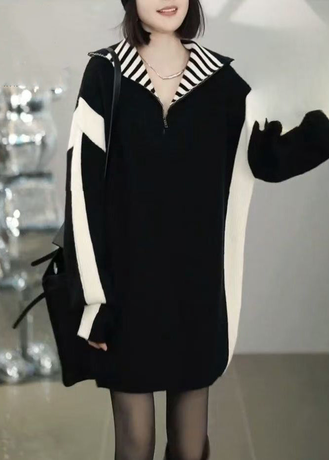 Loose Black Zip Up Patchwork Knit Sweater Winter