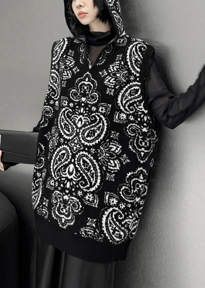 Loose Black Zippered Print Cotton Knit Hooded Waistcoat Winter