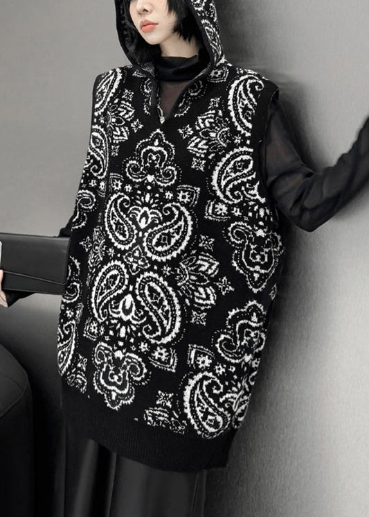 Loose Black Zippered Print Cotton Knit Hooded Waistcoat Winter