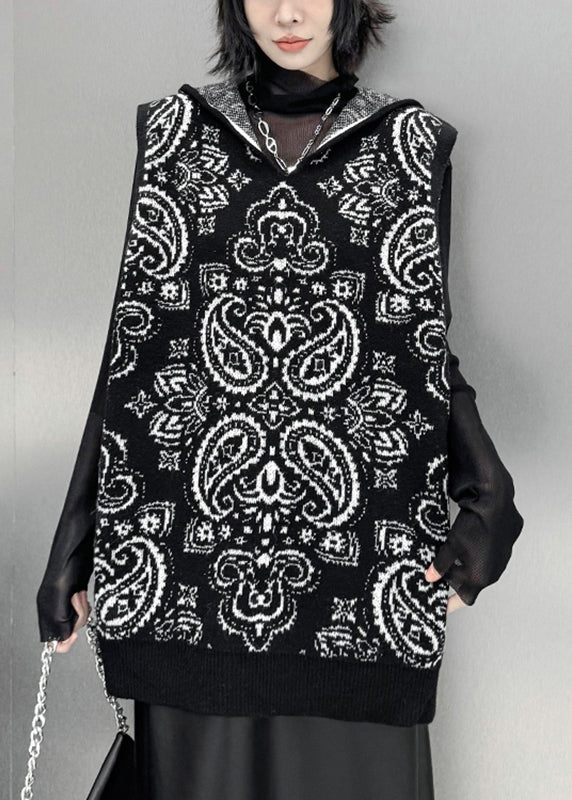 Loose Black Zippered Print Cotton Knit Hooded Waistcoat Winter