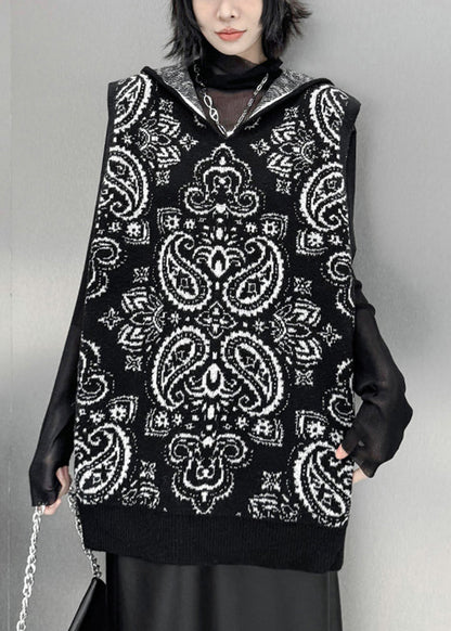 Loose Black Zippered Print Cotton Knit Hooded Waistcoat Winter