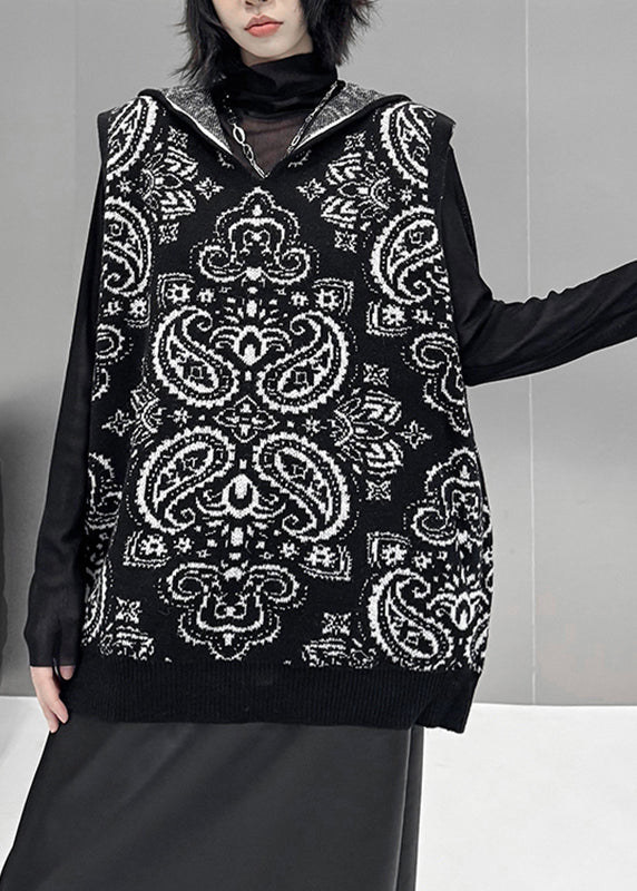 Loose Black Zippered Print Cotton Knit Hooded Waistcoat Winter