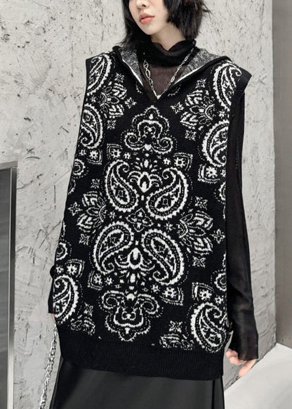 Loose Black Zippered Print Cotton Knit Hooded Waistcoat Winter