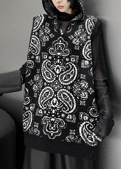 Loose Black Zippered Print Cotton Knit Hooded Waistcoat Winter