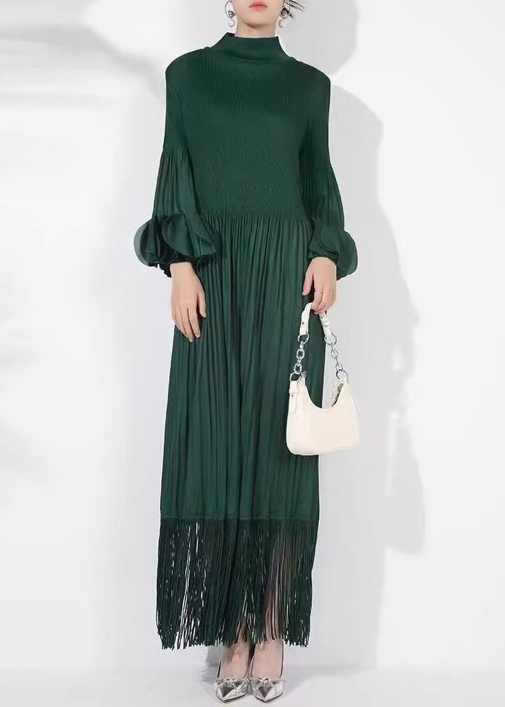 Loose Blackish Green Wrinkled Solid Cotton Long Dress Petal Sleeve