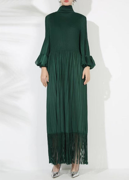 Loose Blackish Green Wrinkled Solid Cotton Long Dress Petal Sleeve