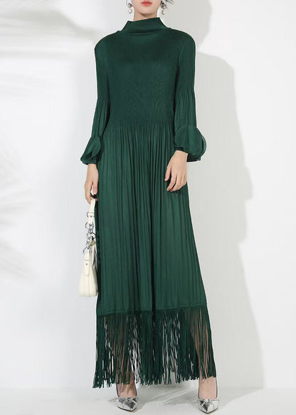 Loose Blackish Green Wrinkled Solid Cotton Long Dress Petal Sleeve