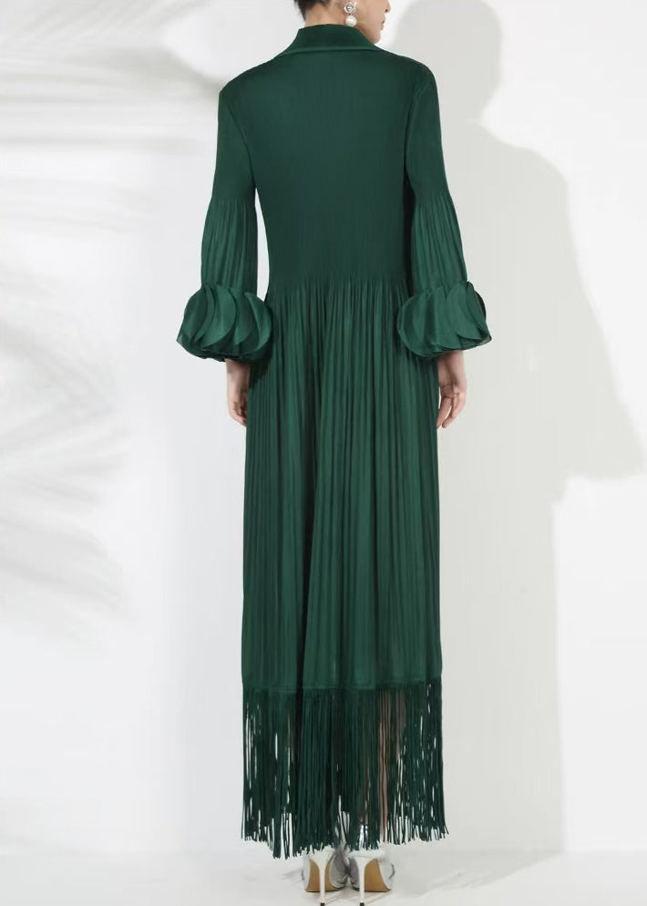 Loose Blackish Green Wrinkled Solid Cotton Long Dress Petal Sleeve