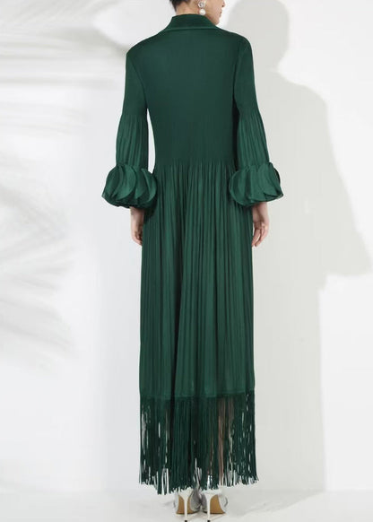 Loose Blackish Green Wrinkled Solid Cotton Long Dress Petal Sleeve