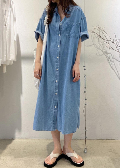 Loose Blue Button Pockets Side Open Denim Shirts Dress Summer