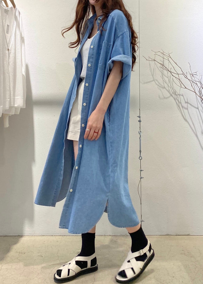 Loose Blue Button Pockets Side Open Denim Shirts Dress Summer