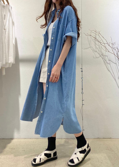 Loose Blue Button Pockets Side Open Denim Shirts Dress Summer