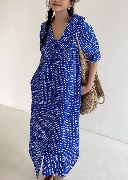 Loose Blue Button Print Pockets Cotton Shirts Dress Summer
