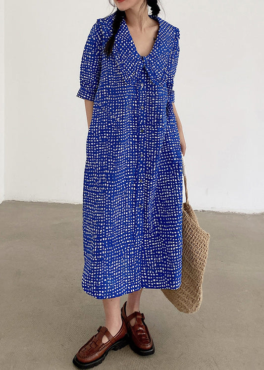 Loose Blue Button Print Pockets Cotton Shirts Dress Summer