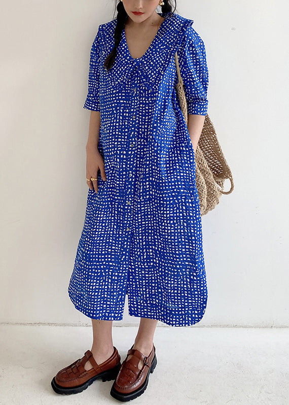 Loose Blue Button Print Pockets Cotton Shirts Dress Summer