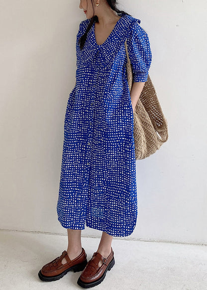 Loose Blue Button Print Pockets Cotton Shirts Dress Summer