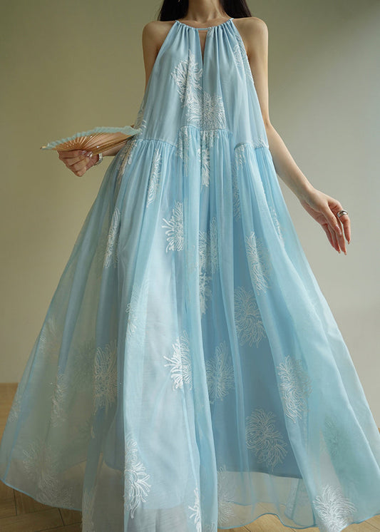 Loose Blue Embroidered Wrinkled Chiffon Long Dresses Sleeveless