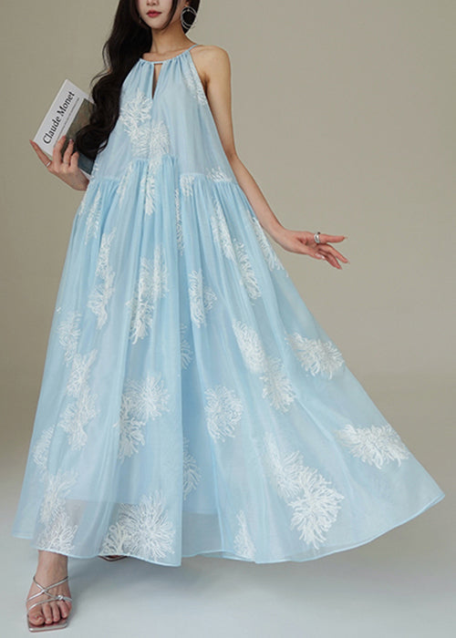 Loose Blue Embroidered Wrinkled Chiffon Long Dresses Sleeveless