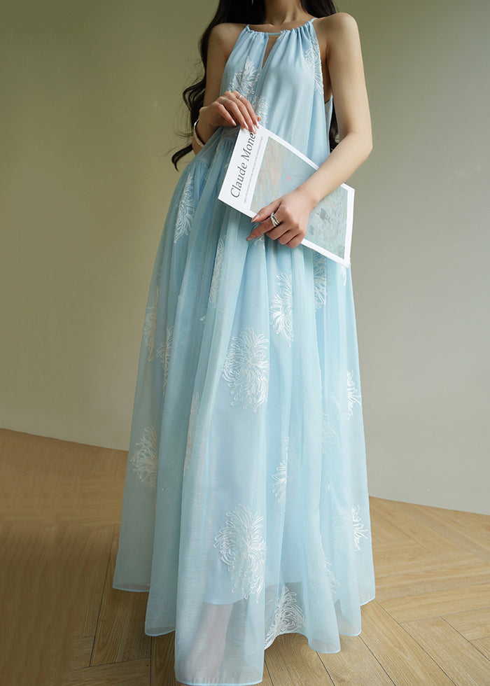 Loose Blue Embroidered Wrinkled Chiffon Long Dresses Sleeveless